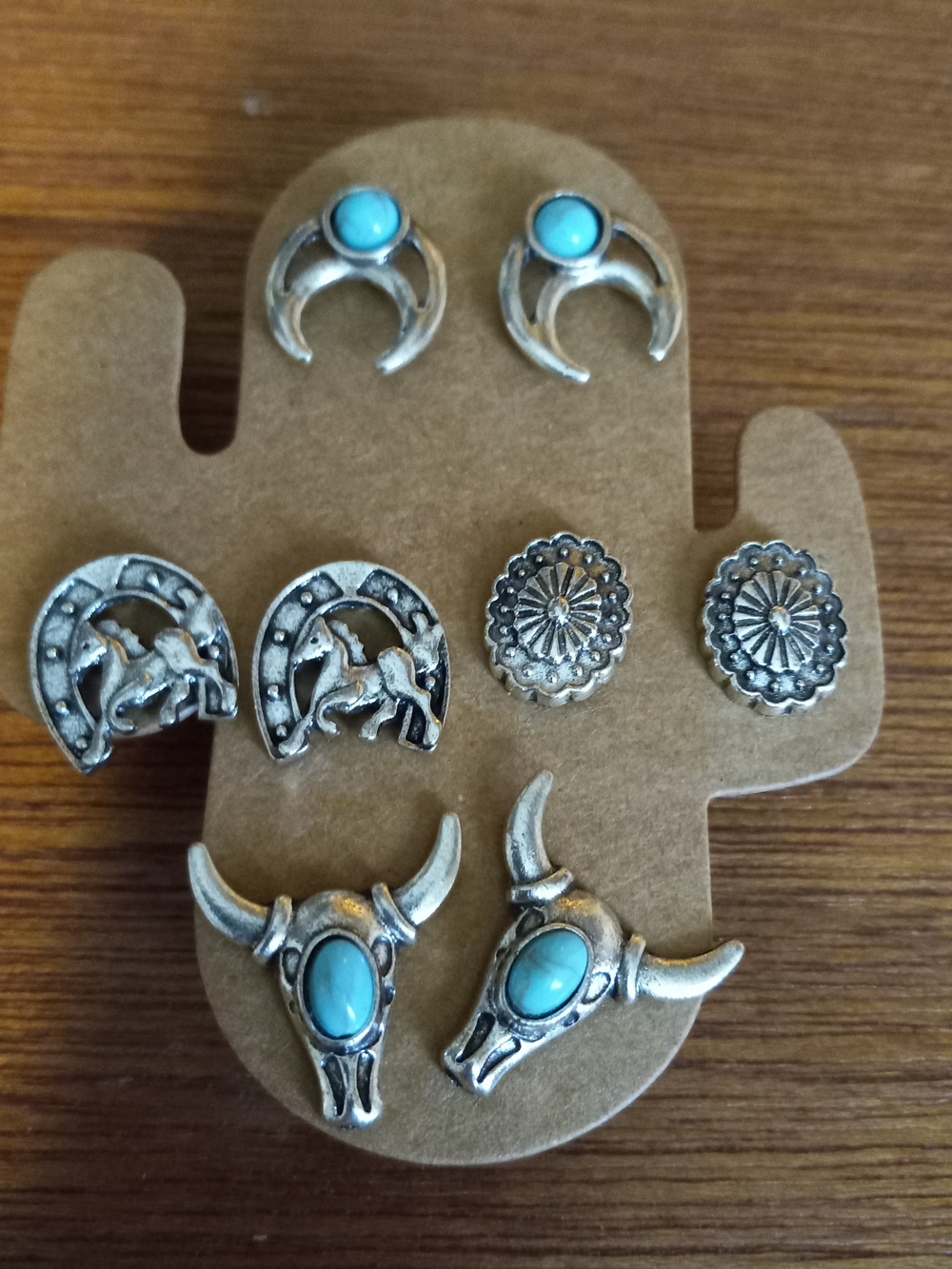 BOHO Western FAUX Turquoise Silver-Tone Stud Earring Set - 4 Pairs